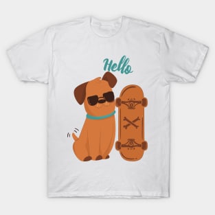 Cool Dog with skateboard say Hello T-Shirt